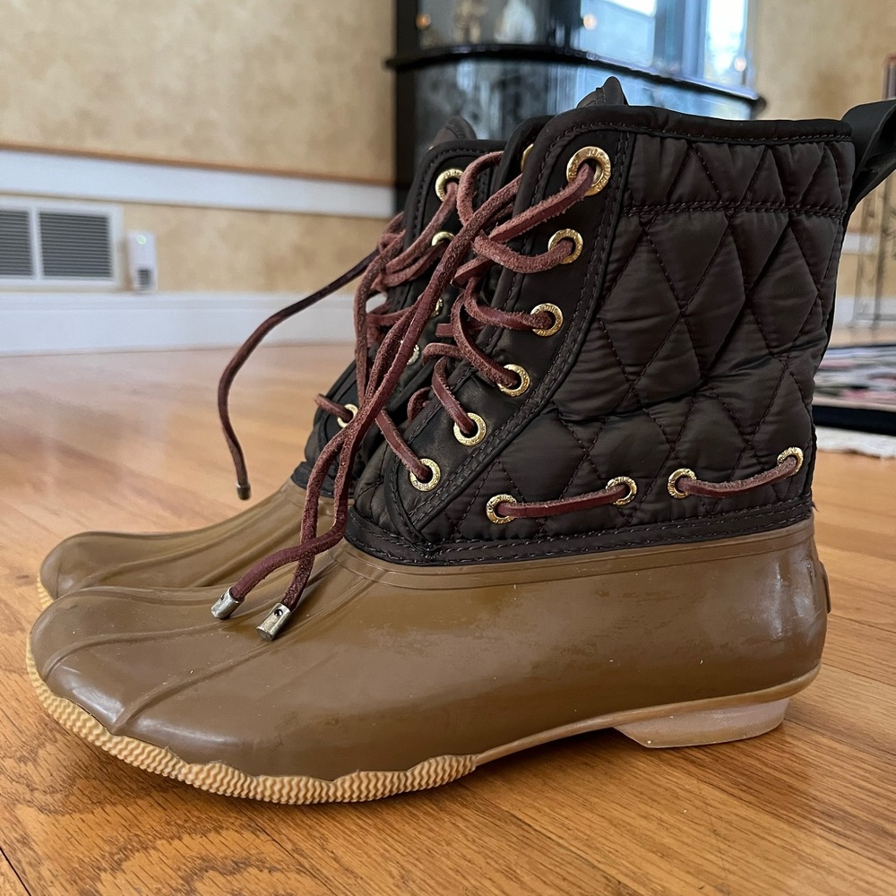Sperry olive + tan Quilted Duck Boots